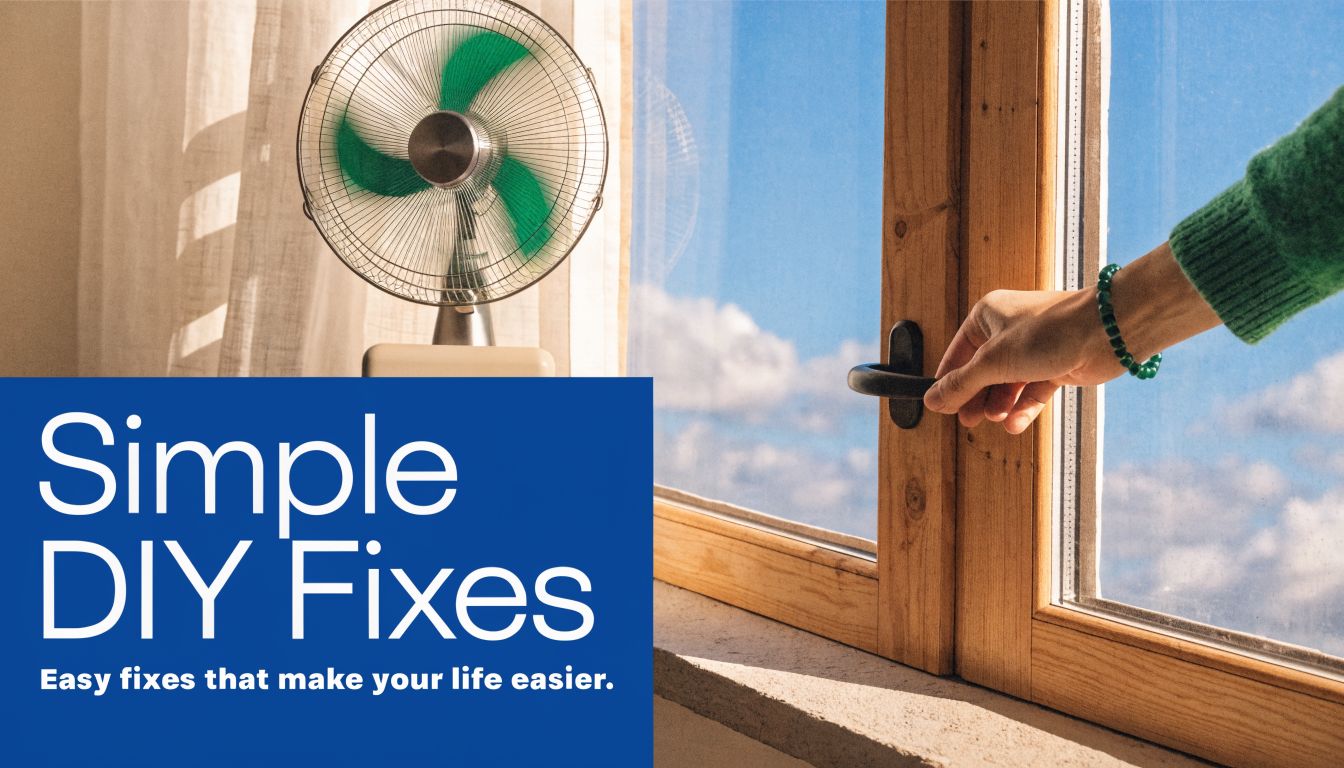 A person opening a window near a desk fan with text overlay about simple DIY home fixes.