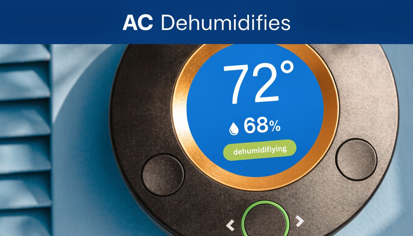A close-up of a modern smart thermostat displaying 72 degrees and 68 percent humidity while dehumidifying the air.