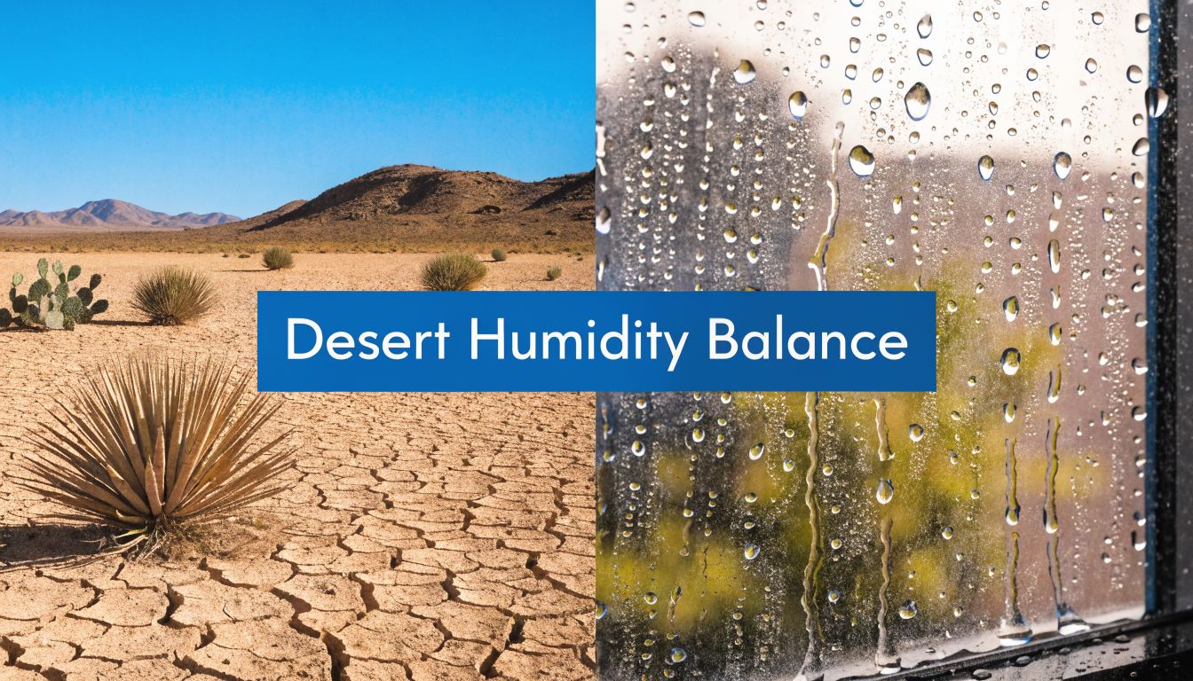 A split image showing a dry cracked desert landscape next to a window with condensation droplets.