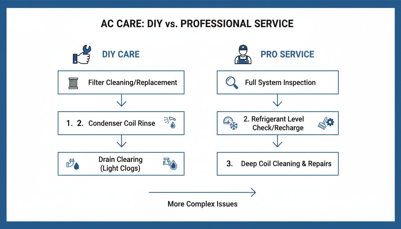 Flowchart comparing DIY AC maintenance steps like filter changes with professional AC service including inspections and deep cleaning.