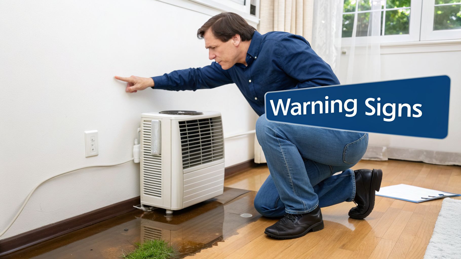 A man points at a wall next to a portable air conditioner, with water on the floor, signifying warning signs.