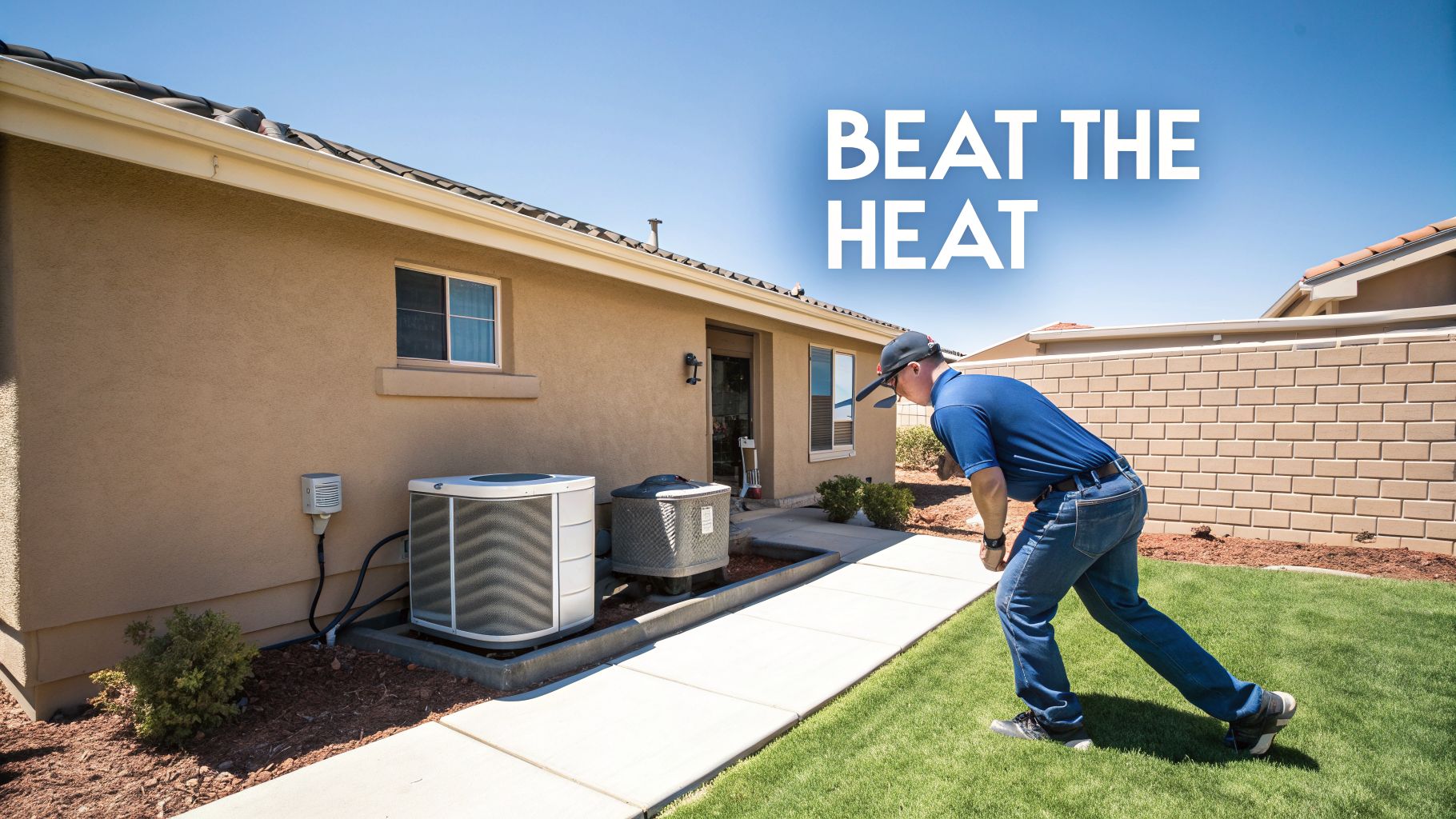 An HVAC technician is checking an outdoor AC unit in a residential backyard on a sunny day.