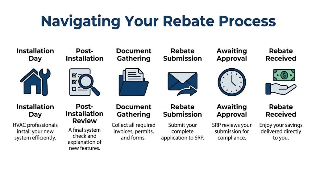 A six-step infographic titled Navigating Your Rebate Process explaining the steps for SRP rebate applicants.
