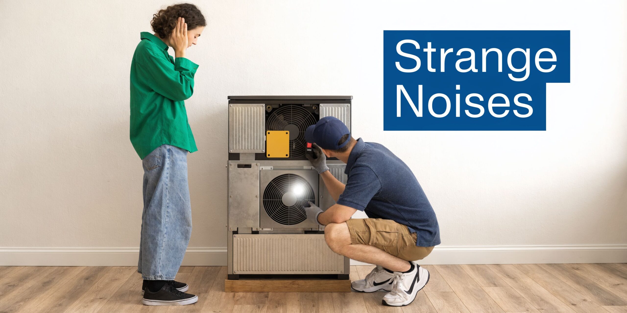 A technician inspects a noisy furnace while a concerned homeowner covers her ears in frustration.