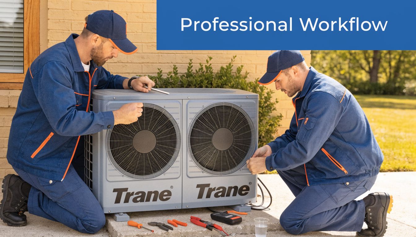 Two professional technicians in blue uniforms kneeling while installing and servicing a Trane air conditioning unit.