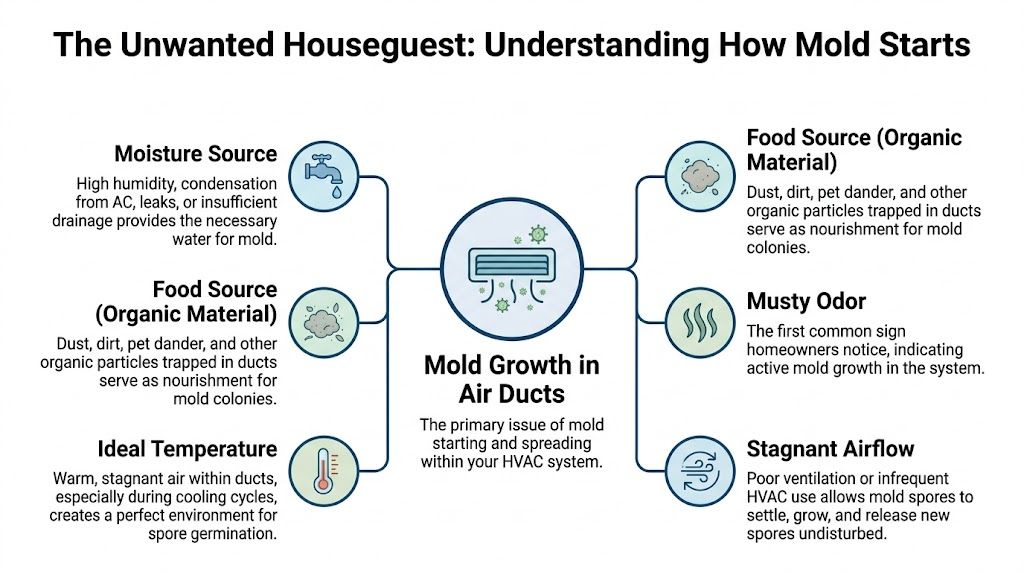 An infographic titled The Unwanted Houseguest showing factors like moisture, temperature, and organic material causing duct mold.