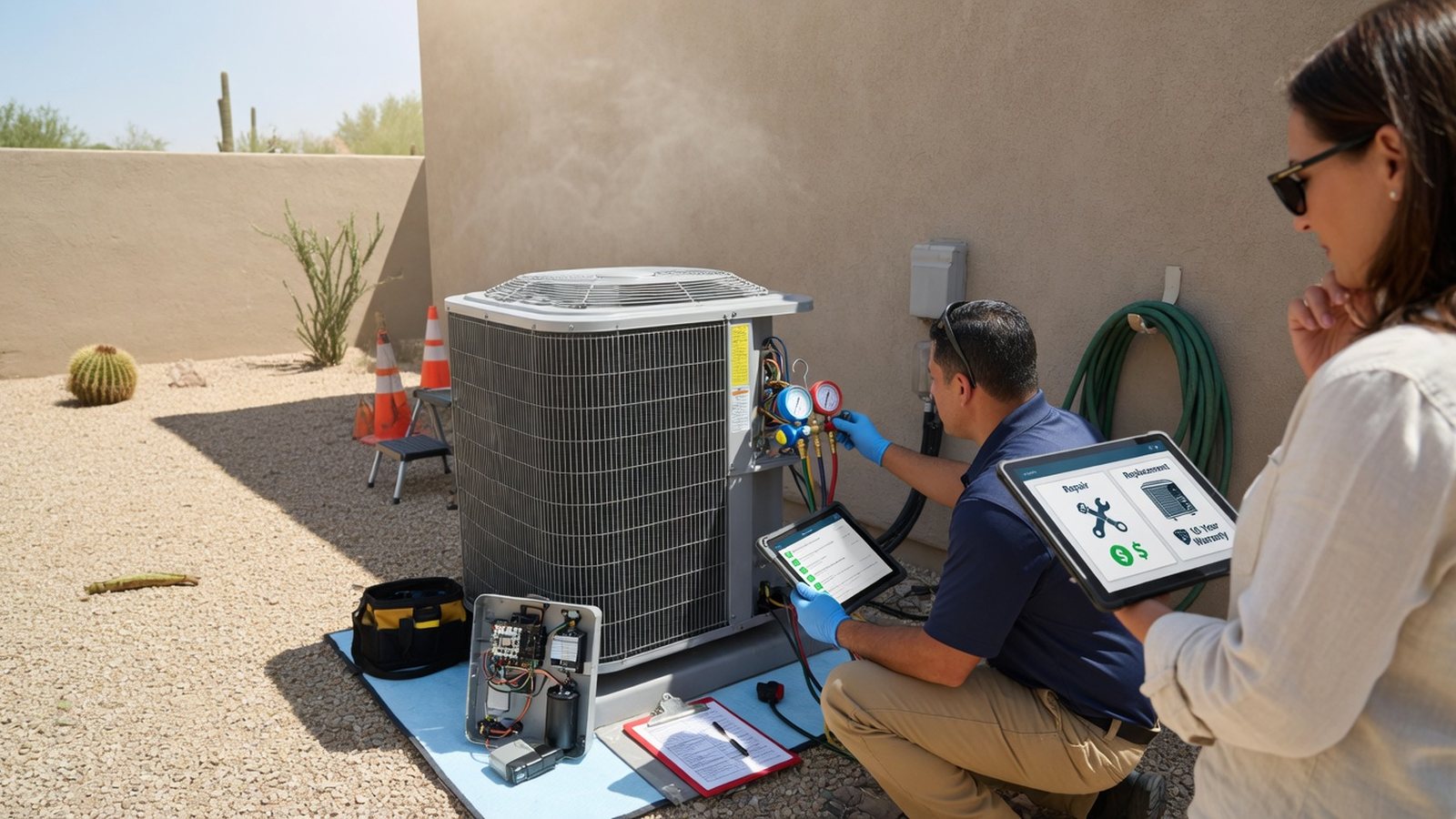 Arizona HVAC technician comparing AC repair and replacement options