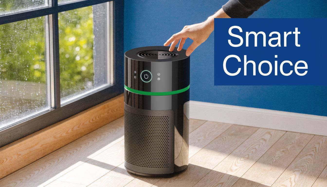 A modern black air purifier stands on a hardwood floor near a window, with a hand adjusting settings.