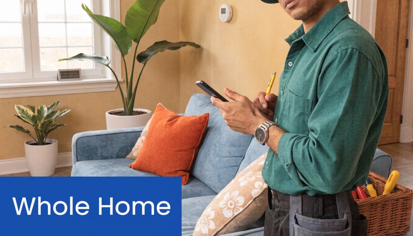 A professional technician stands in a living room, holding a pen and checking a digital device.