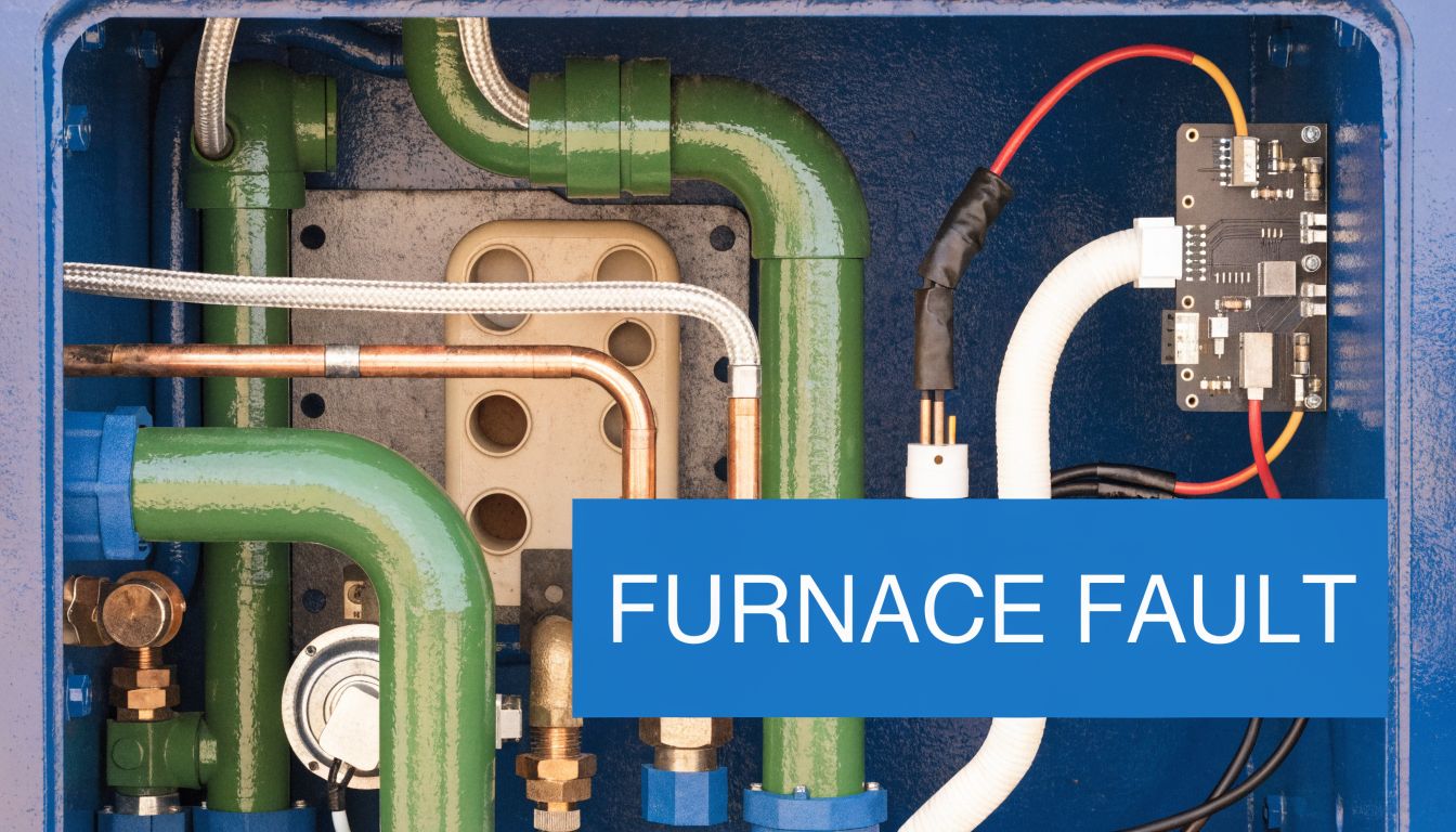 Close up interior view of furnace components including green pipes, wiring, and a small circuit board.