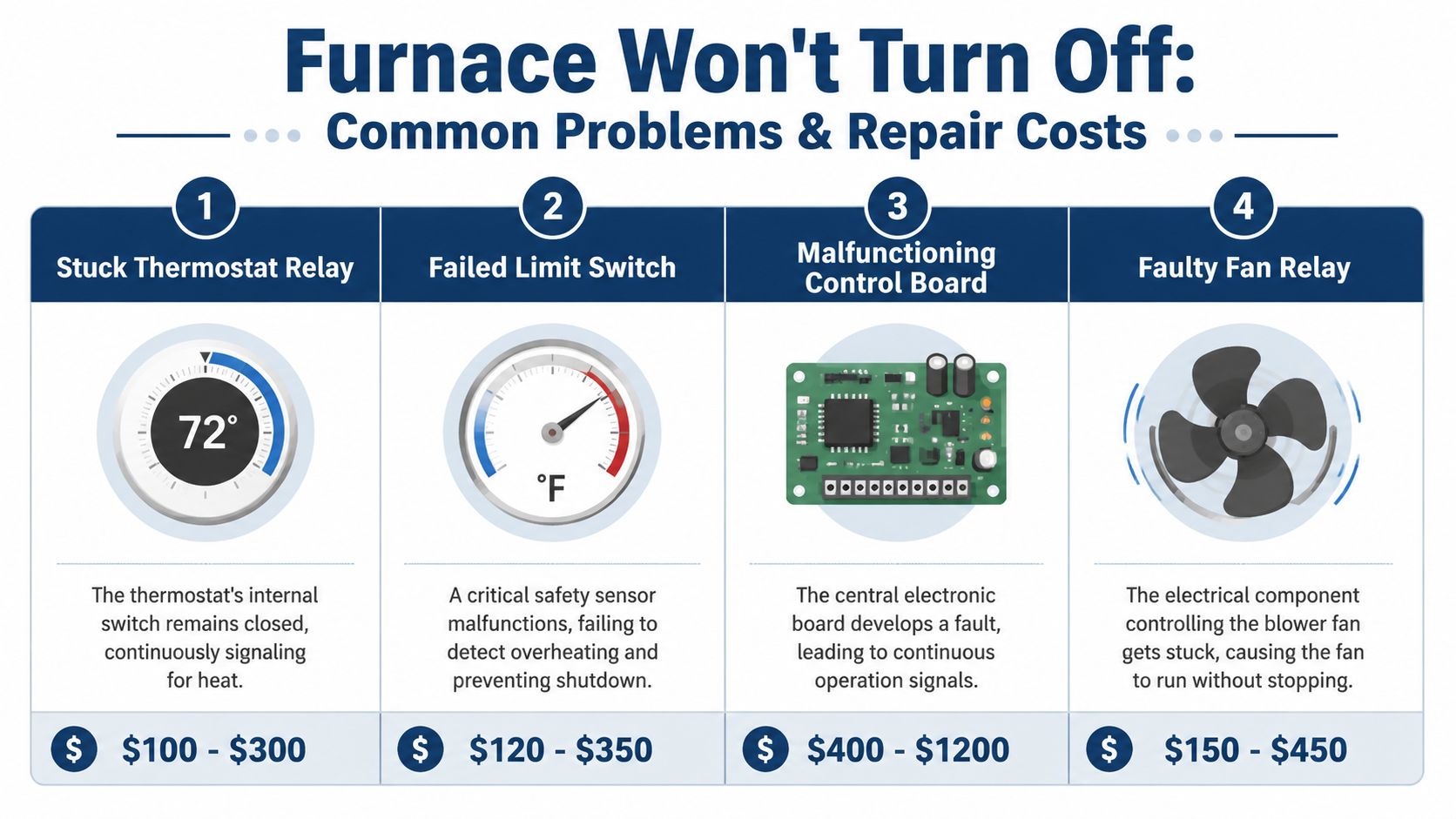 An infographic detailing four common causes for a furnace that will not turn off and repair costs.