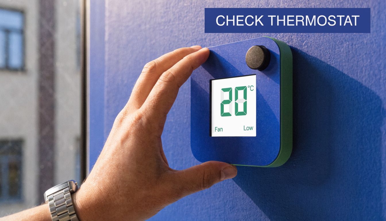A hand adjusting a blue digital wall-mounted thermostat set to twenty degrees Celsius on a blue wall.