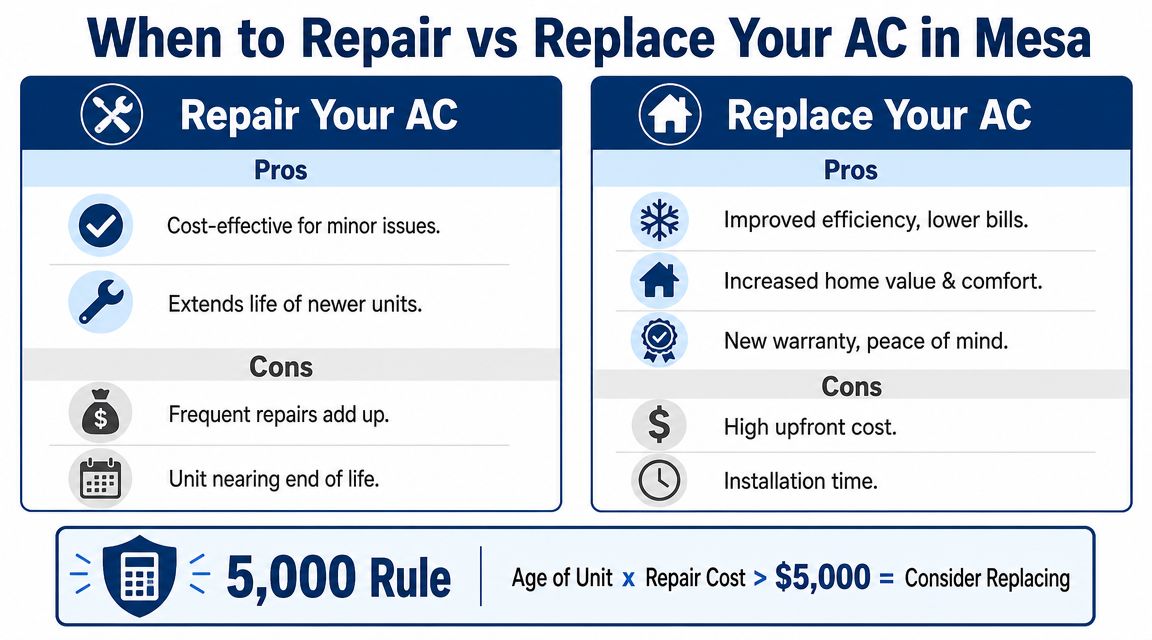 A comparison chart outlining the pros and cons of repairing versus replacing an air conditioning unit.