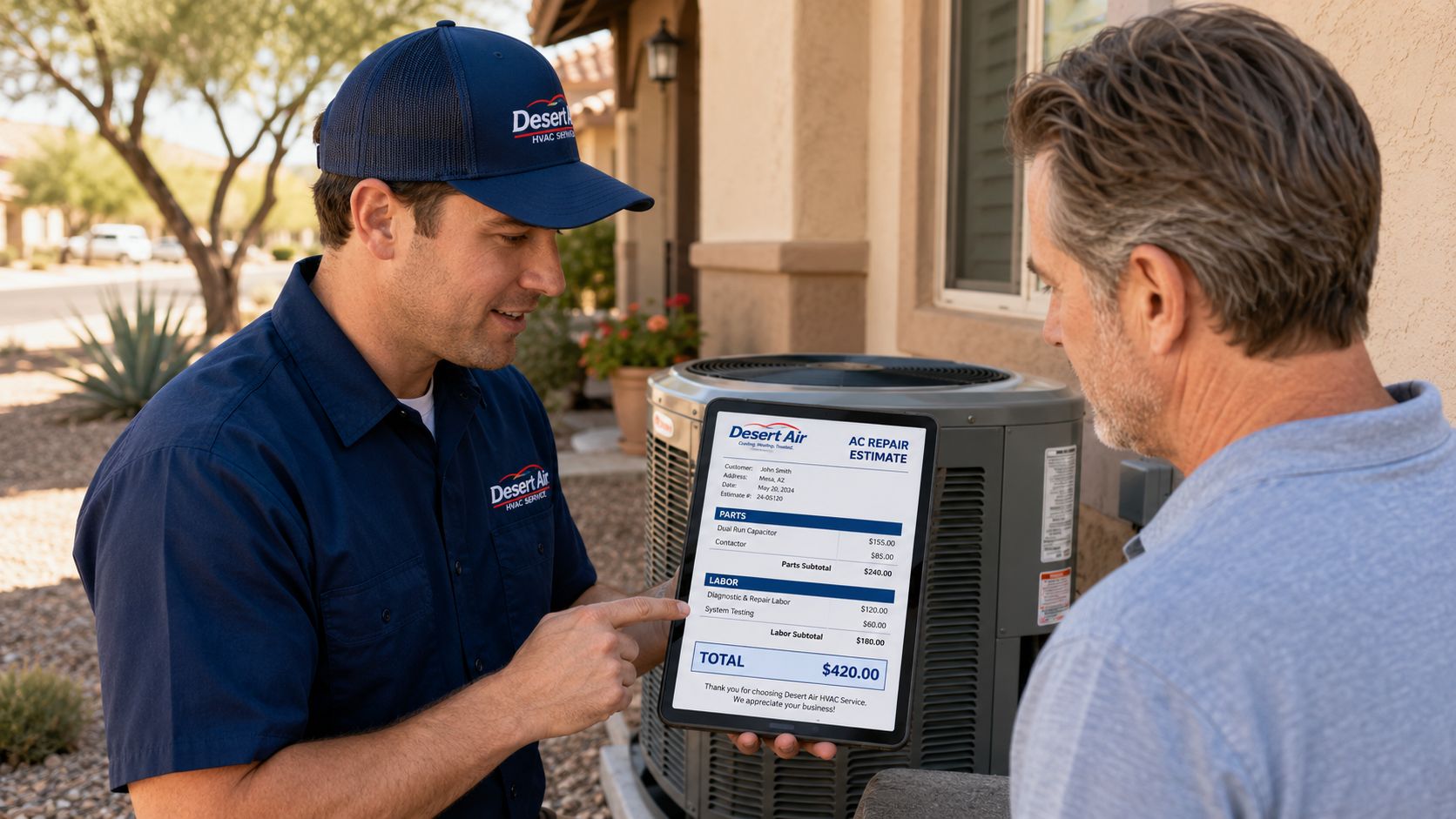 A technician shows an AC repair estimate on a tablet to a homeowner in Mesa, Arizona.