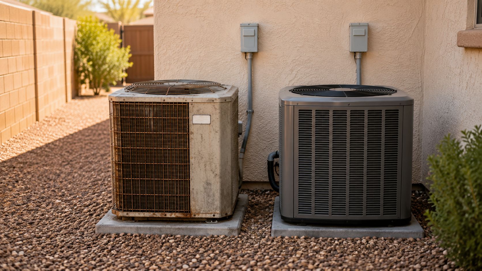A new modern air conditioner unit sits beside an older weathered AC unit outdoors near a house.