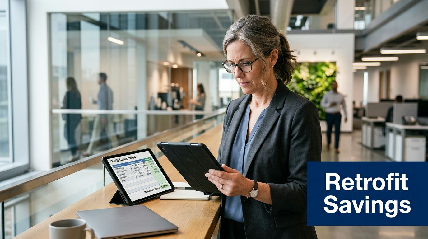 A professional woman in a business suit reviewing a facility budget on a tablet in an office.