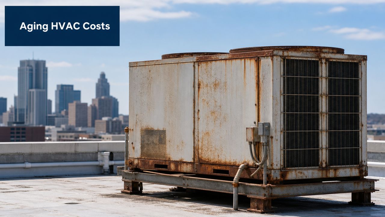 A rusted, aging commercial HVAC unit sitting on a rooftop with a city skyline in the background.