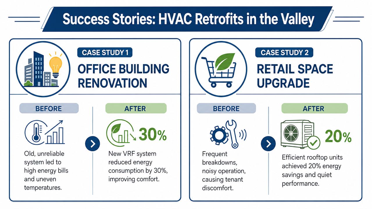 An infographic showing two HVAC retrofitting success stories for an office building and a retail space.