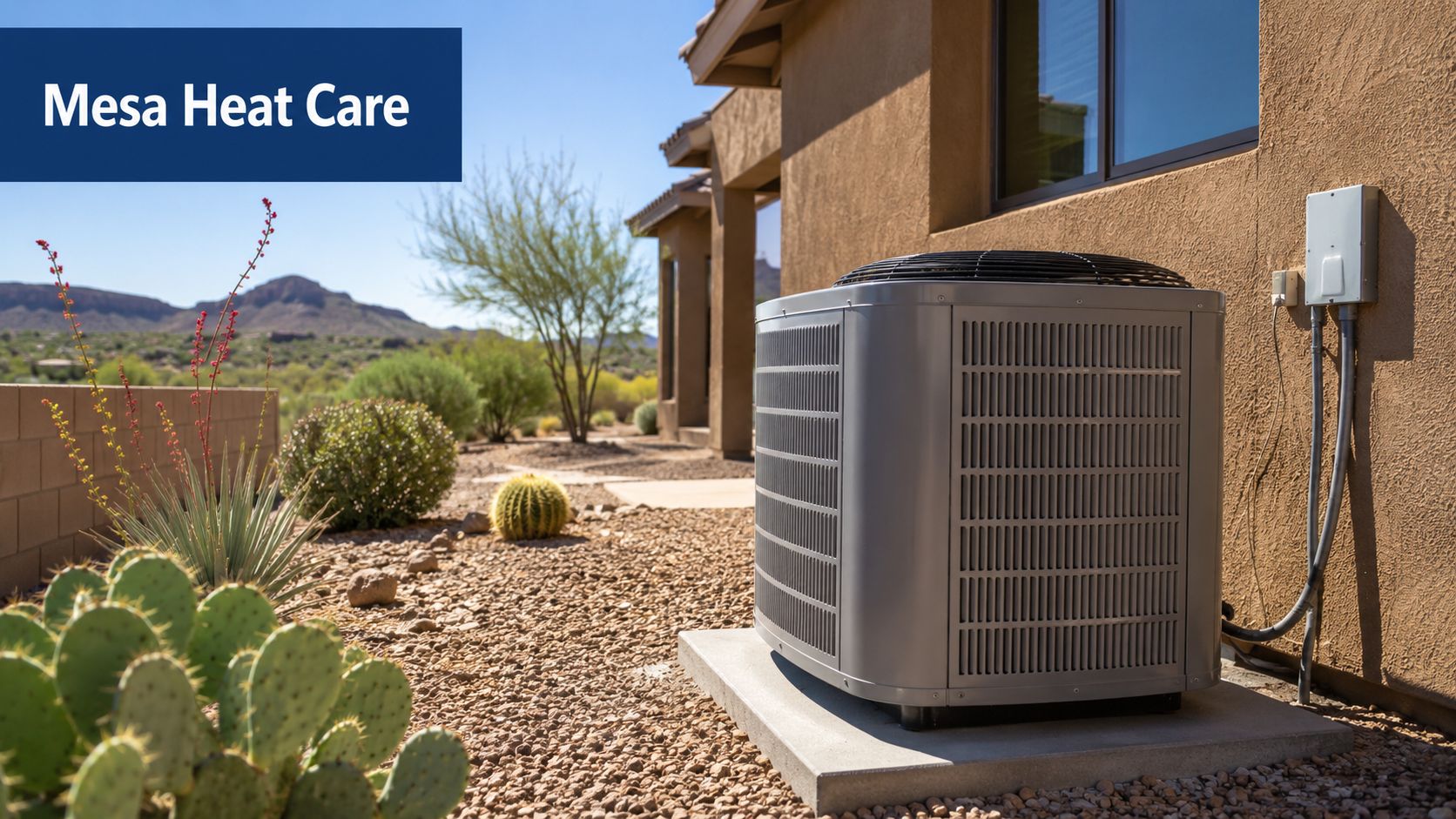 An outdoor HVAC heat pump unit installed on a concrete pad near a house in Arizona.