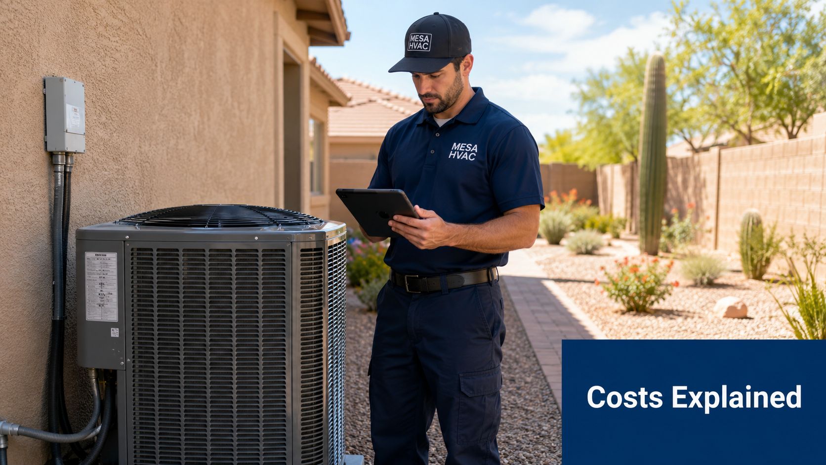 A professional HVAC technician in a uniform inspects an outdoor air conditioning unit while using a tablet.