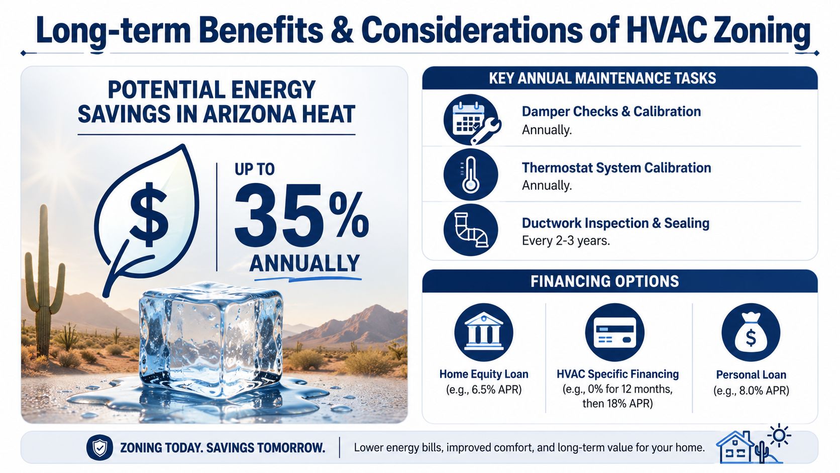 An infographic detailing potential energy savings, maintenance tasks, and financing options for residential HVAC zoning systems.