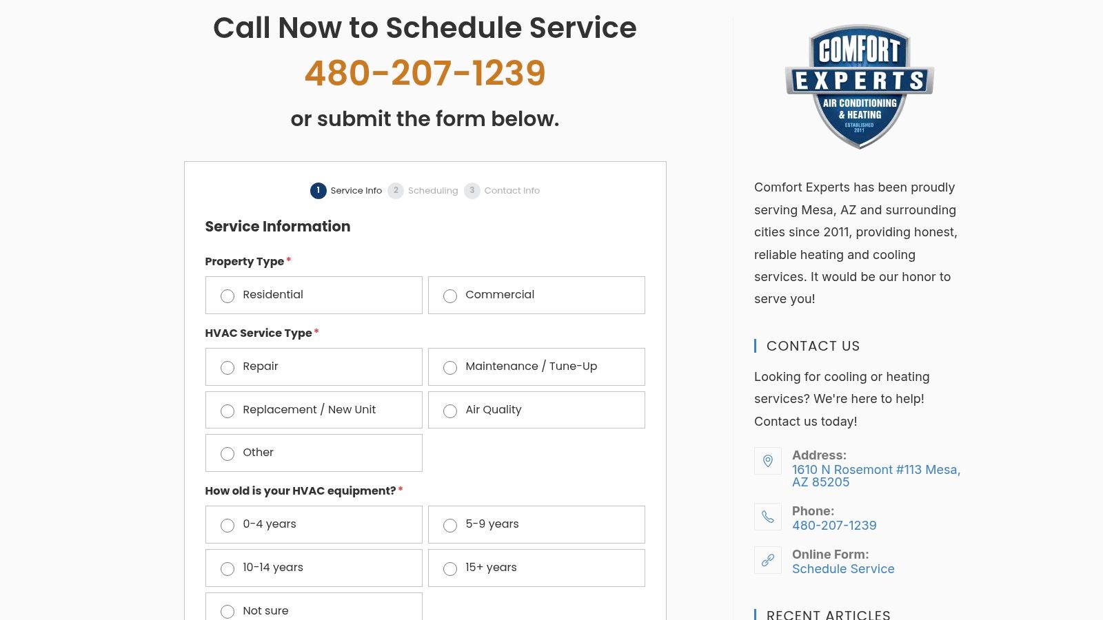 Screenshot from https://azcomfortexperts.com/schedule-service/#schedule-service-form