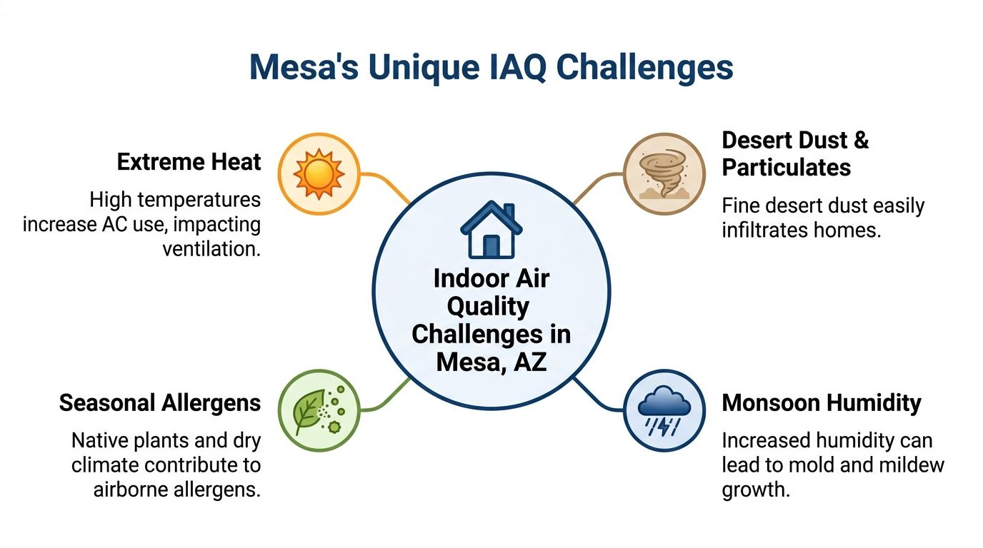 A diagram outlining the four major indoor air quality challenges for homes in Mesa, Arizona.