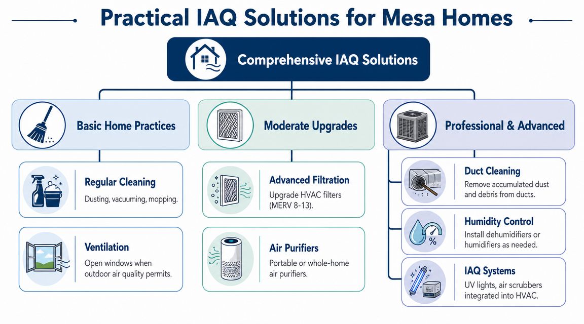 A comprehensive guide illustrating practical solutions for improving indoor air quality in Mesa homes through various methods.