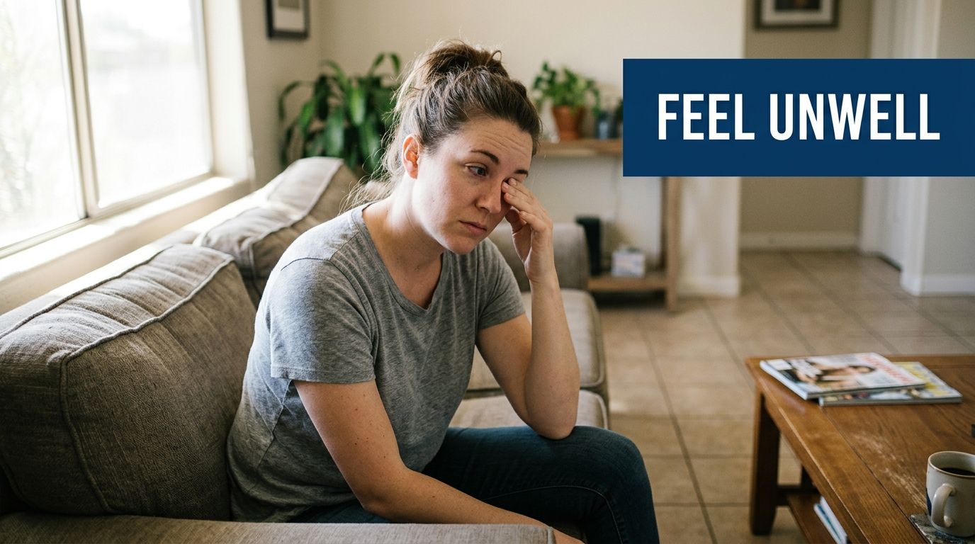 A woman sitting on a couch in a living room, looking tired and rubbing her eye.