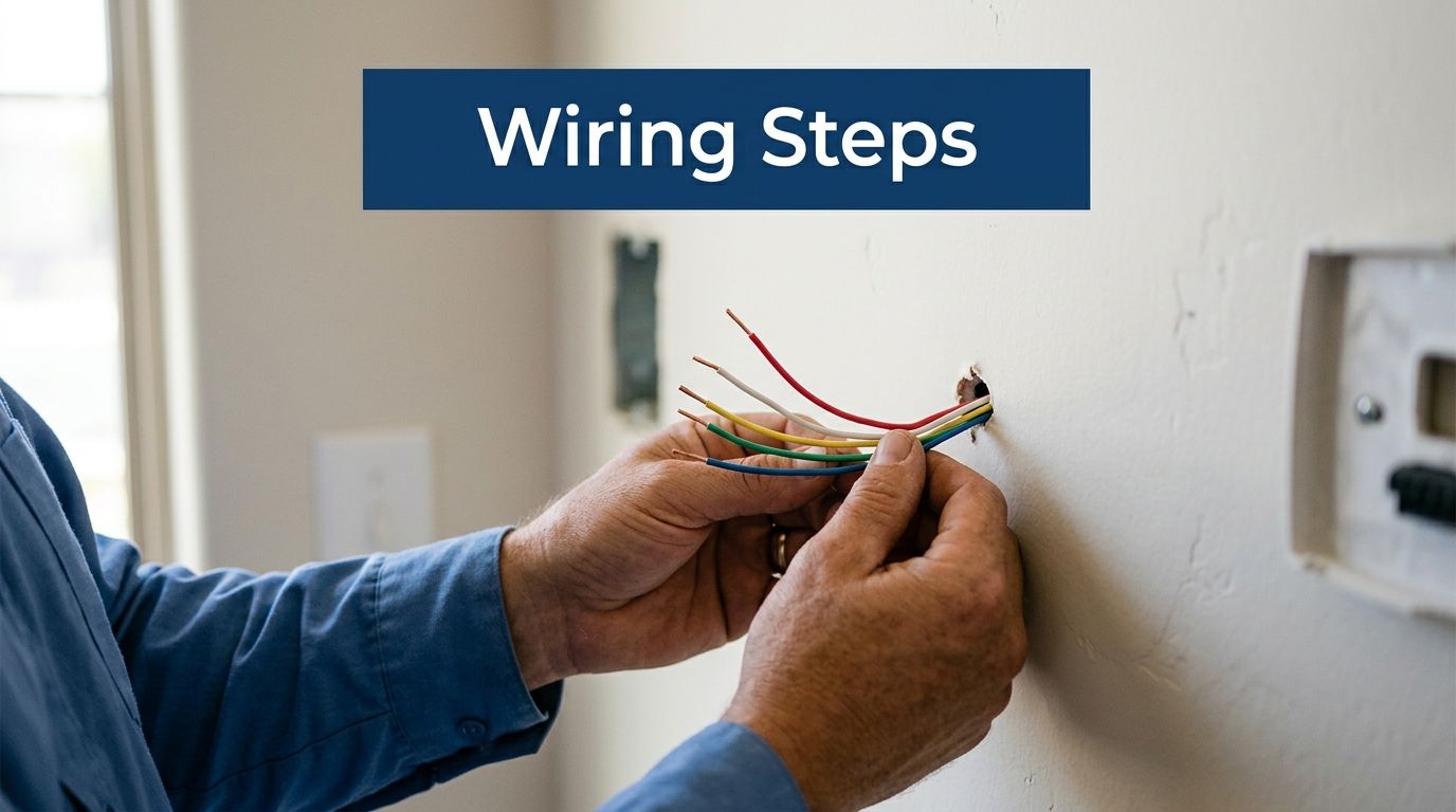 An electrician working on wiring a smart thermostat installation project inside a residential home interior.