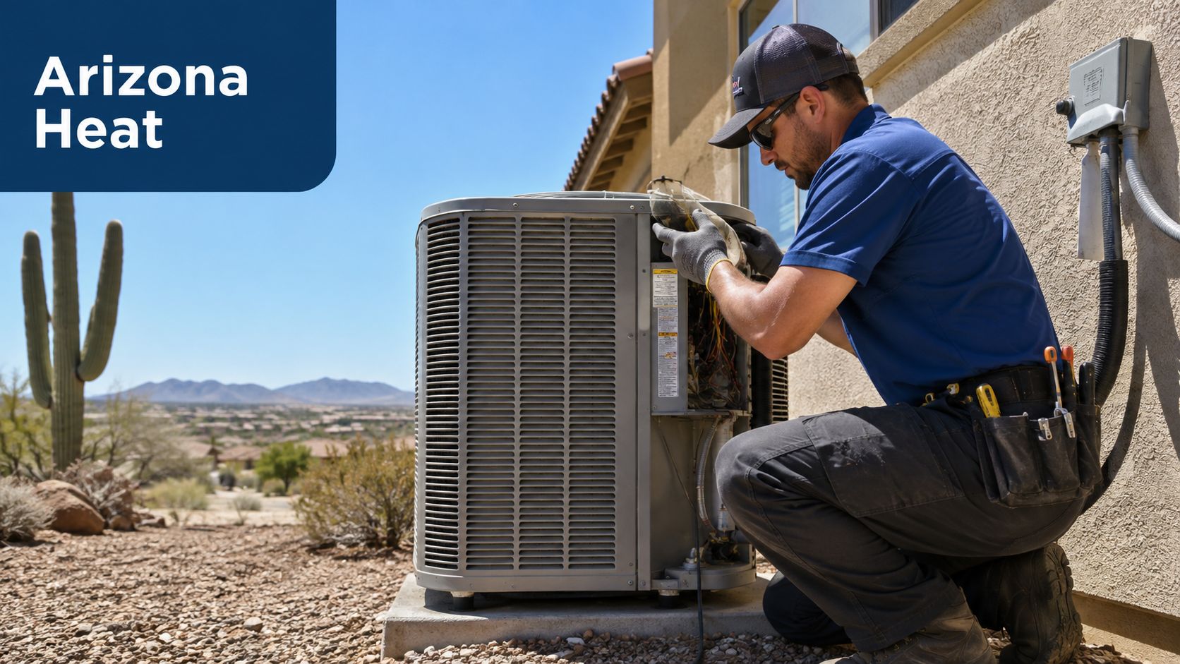 A professional HVAC technician wearing a blue shirt and cap repairs an outdoor air conditioning unit in Arizona.