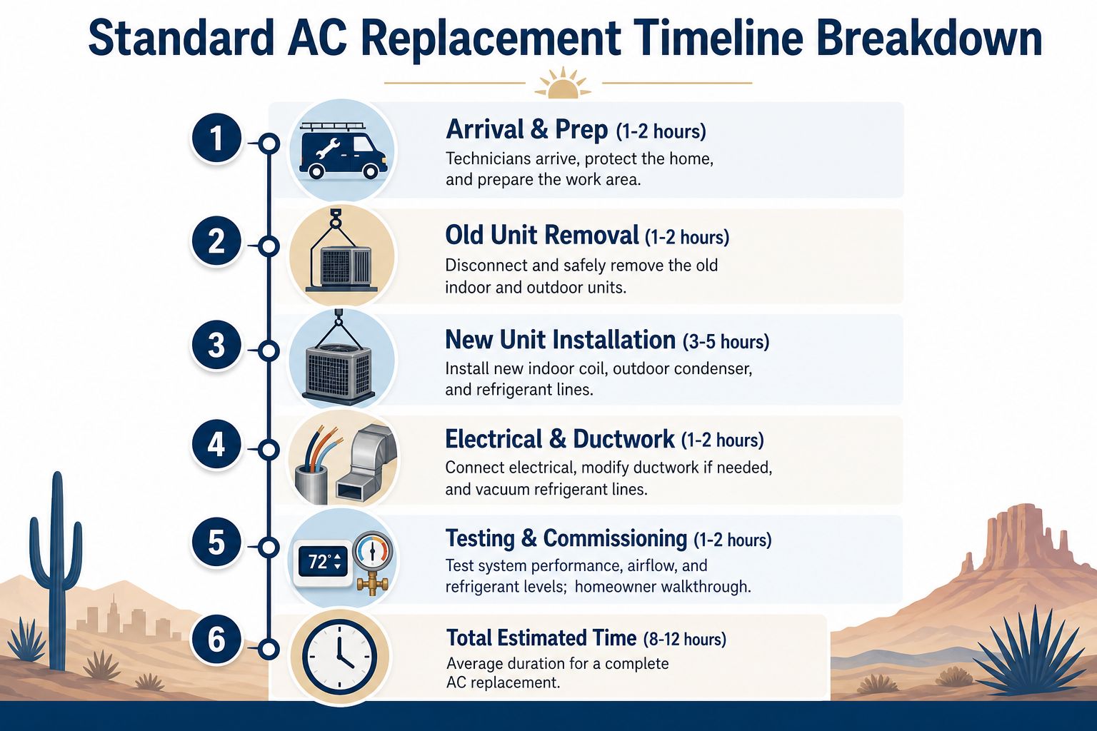 A step-by-step infographic showing the standard timeline for an AC replacement process from prep to testing.