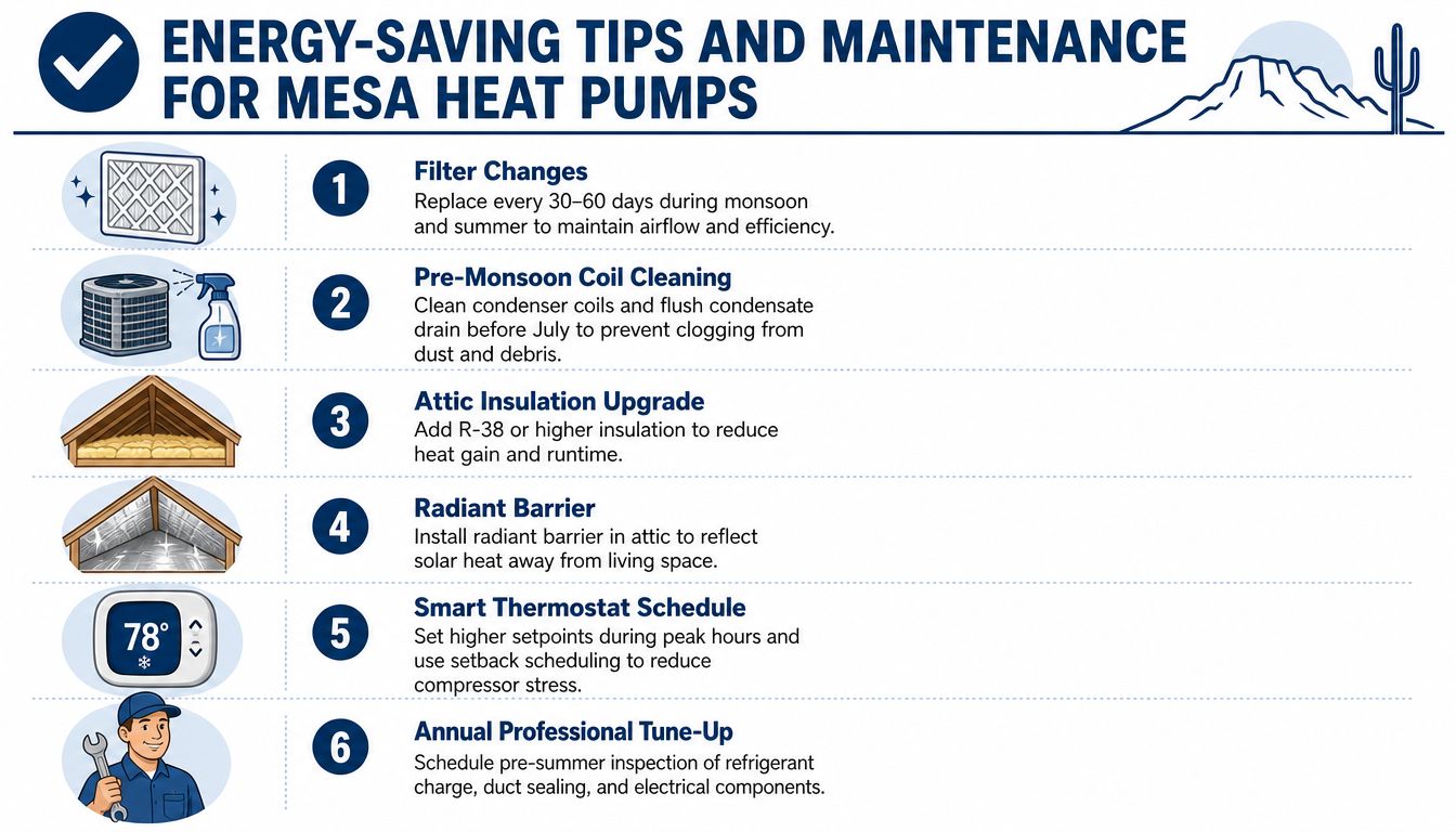 A helpful infographic listing six essential energy-saving maintenance tips for heat pumps in Mesa, Arizona.