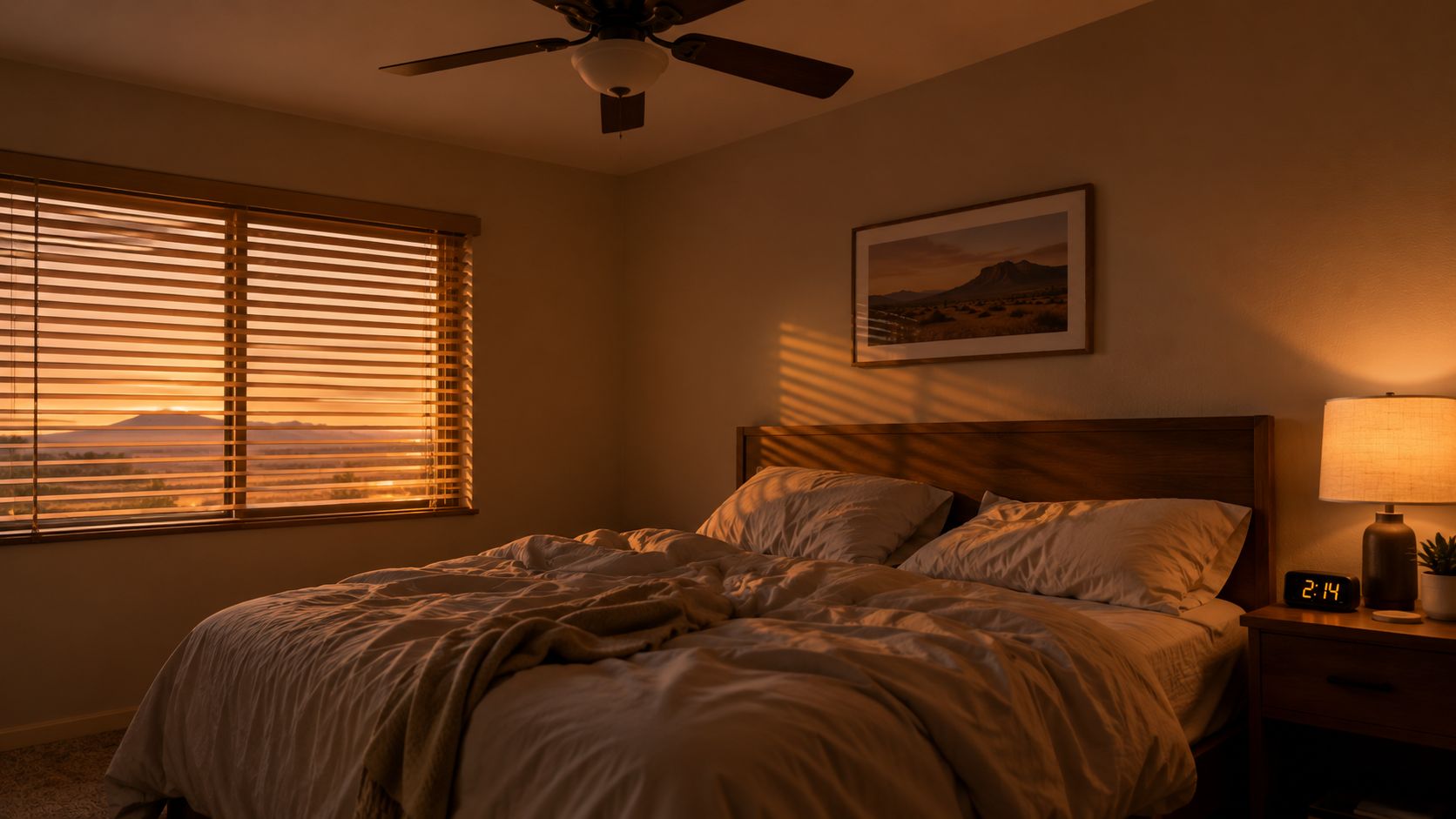 A warm, sunlit bedroom during sunset with soft light filtering through window blinds onto the unmade bed.
