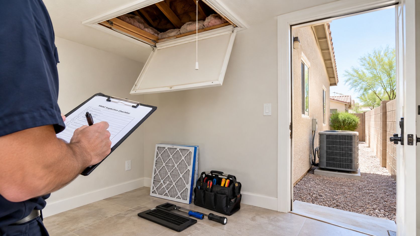 An HVAC technician filling out a checklist while performing a home cooling and heating system inspection.